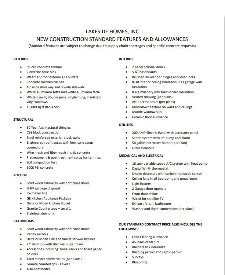 Lakeside Homes, Inc — New Construction Standard Features and Allowances list